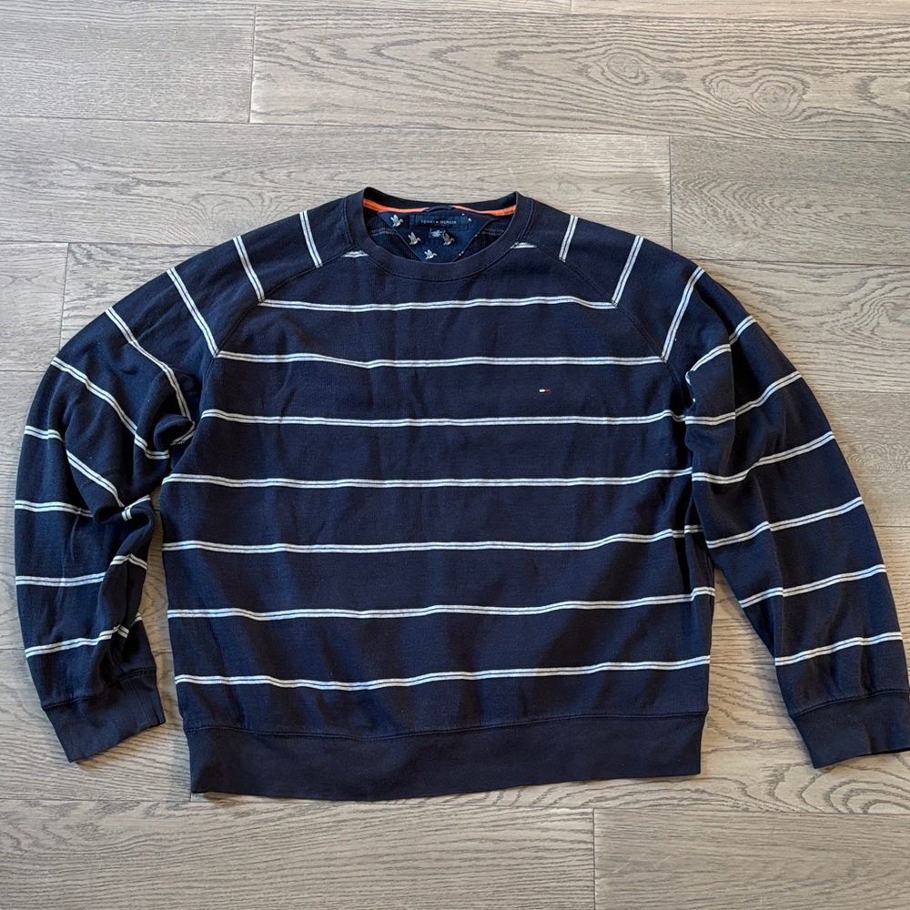 Tommy Hilfiger Navy and White Striped Crewneck Sweater
